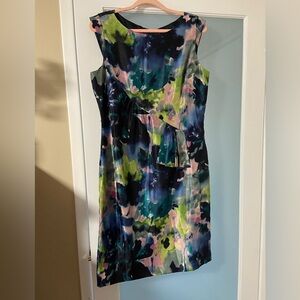 Tahari Sleeveless Abstract Midi Dress in Blue, Green & Pink